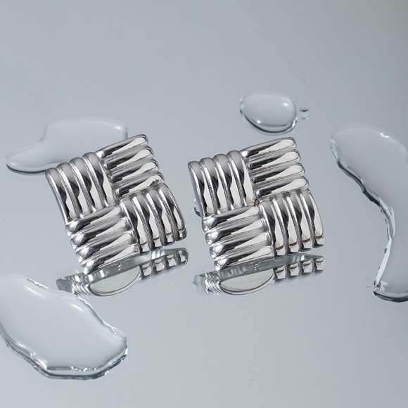 Silver Statement Earrings*Square Earrings*Bold Design*Waterproof - Picture 5 of 6